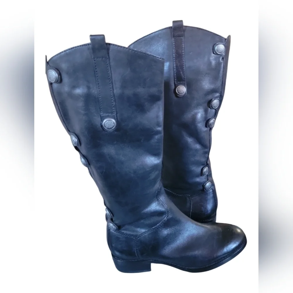 Arturo Chaing Black Leather Silver Button Embellished Pull on Boots Sz 7
